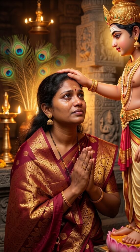 person's photo as the face reference. The person stands before Lord Murugan with tears of devotion in their eyes. Murugan gently places His hand on the person's head, blessing them with divine love and protection. Warm golden temple light, emotional expressions, sacred atmosphere, peacock feathers glowing softly, realistic photography, authentic face preservation, natural skin texture, ultra-realistic 8K devotional image.