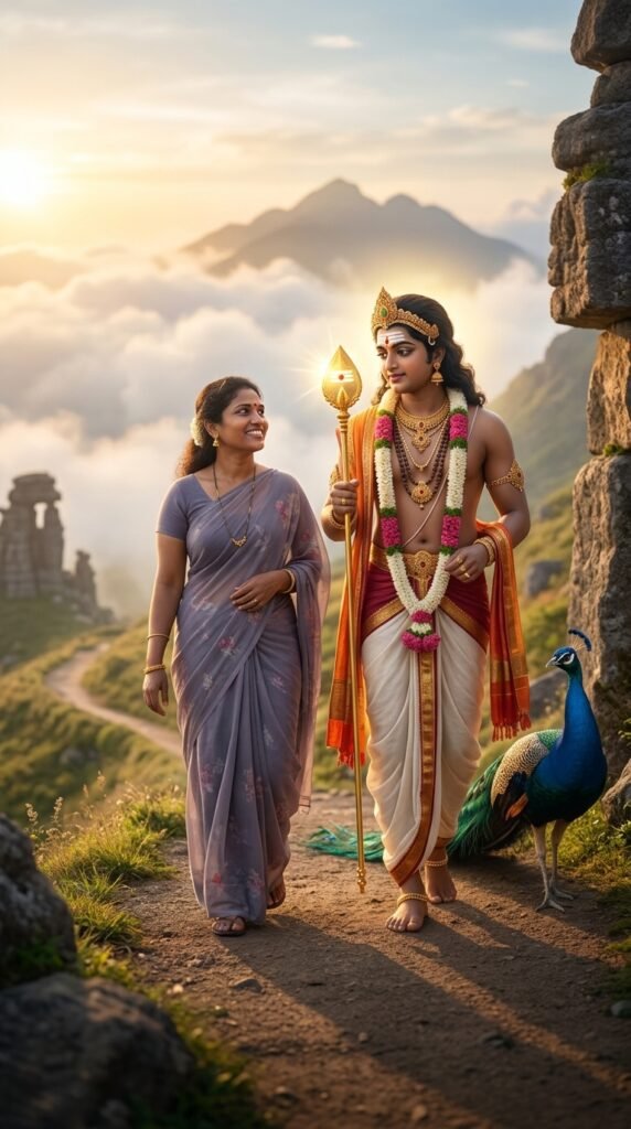 person's photo as the face reference. The person walks beside Lord Murugan on a peaceful mountain path at sunrise. Murugan looks at them with compassion and guidance. Emotional connection, divine friendship, golden clouds, glowing Vel, majestic peacock nearby, cinematic lighting, ultra-realistic photography, heartfelt devotional atmosphere.