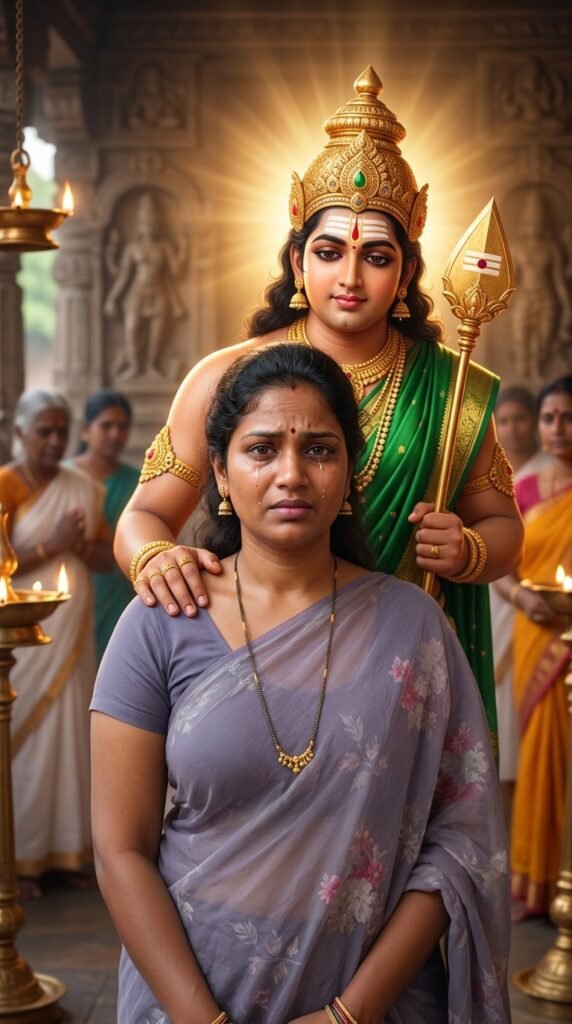 person's photo as the face reference. The person stands alone during a difficult moment, looking emotional. Lord Murugan stands behind them with one hand on their shoulder, offering strength, protection, and reassurance. Deep emotional storytelling, realistic expressions, warm divine light, sacred temple atmosphere, ultra-realistic photography, powerful devotional scene.