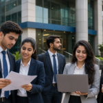 ultra-realistic, premium news-style feature image for an article about IBPS PO Recruitment 2026. Show a diverse group of young Indian graduates (both men and women) in professional formal attire standing confidently outside a modern public sector bank headquarters with subtle banking architecture. One candidate should be reviewing printed recruitment documents while another holds a laptop displaying a generic online application screen (without any real website or logo). Include a realistic office entrance, glass façade, Indian urban business district atmosphere, natural daylight, authentic expressions, shallow depth of field, newsroom-quality photography, mobile-first composition, strong central focus, high visual clarity, trustworthy and aspirational mood. No text, no logos, no watermarks, no icons, no exam papers, no fake certificates, no clickbait elements, no exaggerated reactions. The image should be AdSense-safe, Google Discover optimized, and suitable for a premium government job portal.