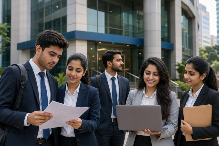 ultra-realistic, premium news-style feature image for an article about IBPS PO Recruitment 2026. Show a diverse group of young Indian graduates (both men and women) in professional formal attire standing confidently outside a modern public sector bank headquarters with subtle banking architecture. One candidate should be reviewing printed recruitment documents while another holds a laptop displaying a generic online application screen (without any real website or logo). Include a realistic office entrance, glass façade, Indian urban business district atmosphere, natural daylight, authentic expressions, shallow depth of field, newsroom-quality photography, mobile-first composition, strong central focus, high visual clarity, trustworthy and aspirational mood. No text, no logos, no watermarks, no icons, no exam papers, no fake certificates, no clickbait elements, no exaggerated reactions. The image should be AdSense-safe, Google Discover optimized, and suitable for a premium government job portal.