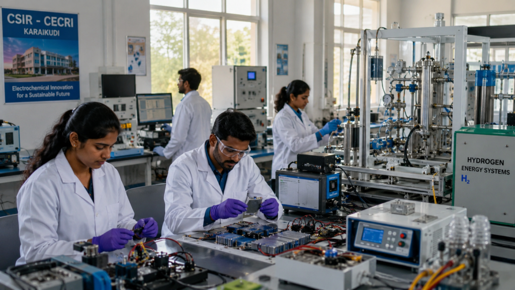 Ultra-realistic professional recruitment news photograph inside CSIR CECRI Karaikudi research campus, modern electrochemical research laboratory environment, Indian male and female scientists wearing laboratory coats working with advanced battery testing equipment, hydrogen energy systems, electrochemical instruments, research computers and engineering prototypes, one young engineering graduate reviewing technical drawings, one researcher analyzing battery cells, bright natural daylight entering through large laboratory windows, authentic Government of India research institute atmosphere, premium scientific workplace, realistic Indian faces, trustworthy and aspirational mood, shallow depth of field, newsroom-quality photography, mobile-first composition, high CTR recruitment thumbnail style, ultra detailed laboratory equipment, clean background, professional career opportunity theme, no text, no watermark, no logo overlay, highly realistic skin tones, natural lighting, Google Discover optimized, AdSense-safe, 16:9 composition, award-winning documentary photography style.