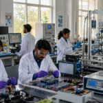 Ultra-realistic professional recruitment news photograph inside CSIR CECRI Karaikudi research campus, modern electrochemical research laboratory environment, Indian male and female scientists wearing laboratory coats working with advanced battery testing equipment, hydrogen energy systems, electrochemical instruments, research computers and engineering prototypes, one young engineering graduate reviewing technical drawings, one researcher analyzing battery cells, bright natural daylight entering through large laboratory windows, authentic Government of India research institute atmosphere, premium scientific workplace, realistic Indian faces, trustworthy and aspirational mood, shallow depth of field, newsroom-quality photography, mobile-first composition, high CTR recruitment thumbnail style, ultra detailed laboratory equipment, clean background, professional career opportunity theme, no text, no watermark, no logo overlay, highly realistic skin tones, natural lighting, Google Discover optimized, AdSense-safe, 16:9 composition, award-winning documentary photography style.