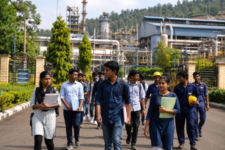 Students walking toward industrial campus entrance