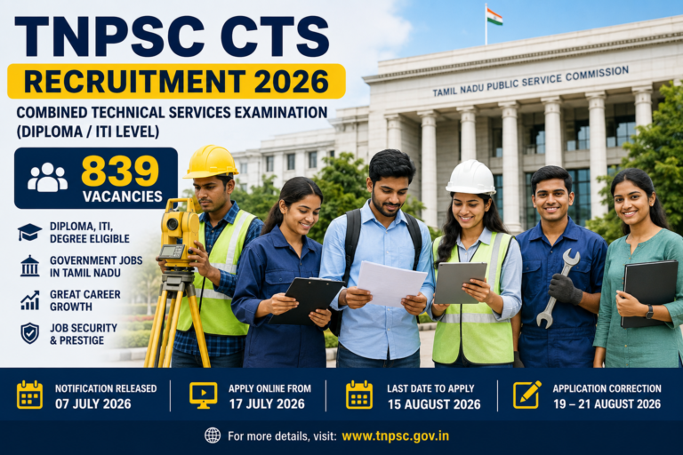 image for TNPSC Combined Technical Services Recruitment 2026. Show a diverse group of young Indian Diploma and ITI graduates (men and women) wearing professional attire and safety gear appropriate to technical professions (such as helmets, reflective jackets, engineering folders, drafting sheets, or measuring tools) standing confidently outside a modern Tamil Nadu Government administrative building. Include subtle visual cues representing civil engineering, mechanical engineering, electrical work, agriculture, surveying, and vocational trades without emphasizing any single profession. One candidate reviews application documents while another holds a tablet displaying a generic online application interface (no real website, logos, or text). Use natural daylight, authentic expressions, realistic architecture, shallow depth of field, and a clean mobile-first composition. Avoid logos, watermarks, text overlays, fake certificates, exam papers, clickbait graphics, arrows, or exaggerated emotions. The image should look like professional newsroom photography, be AdSense-safe, trustworthy, and optimized for Google Discover.